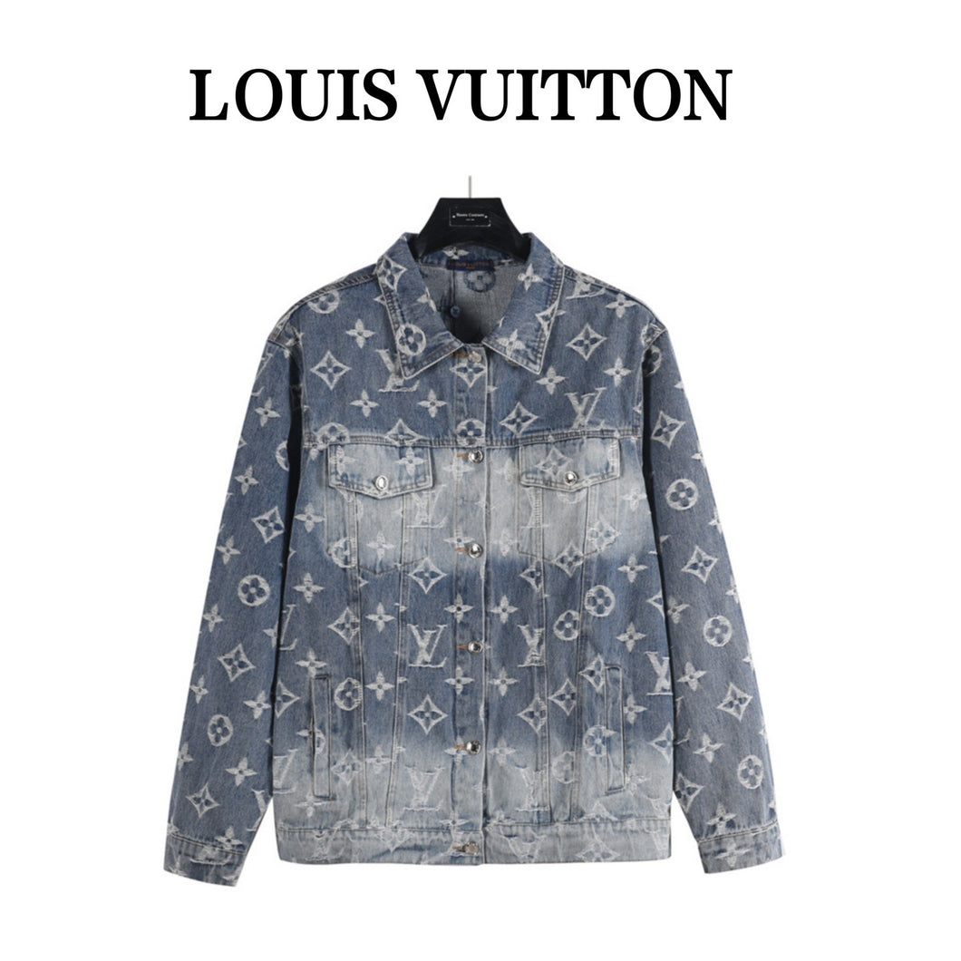 Louis Vuitton Heavy Wash Classic All Over Print Embroidered Jacquard Denim Jacket