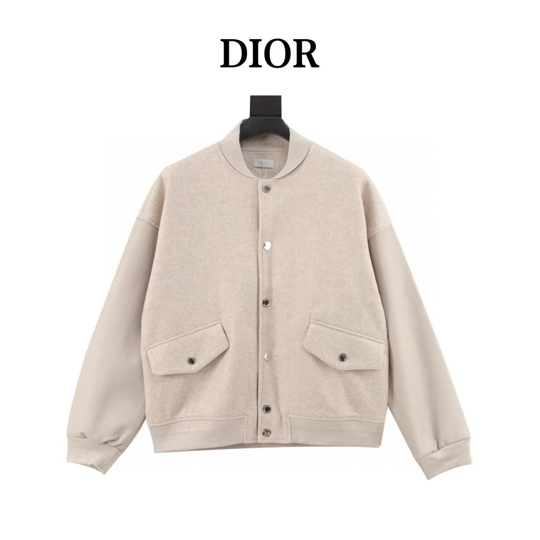 Dior baseball jacket with leather sleeves and embroidered letters on the back