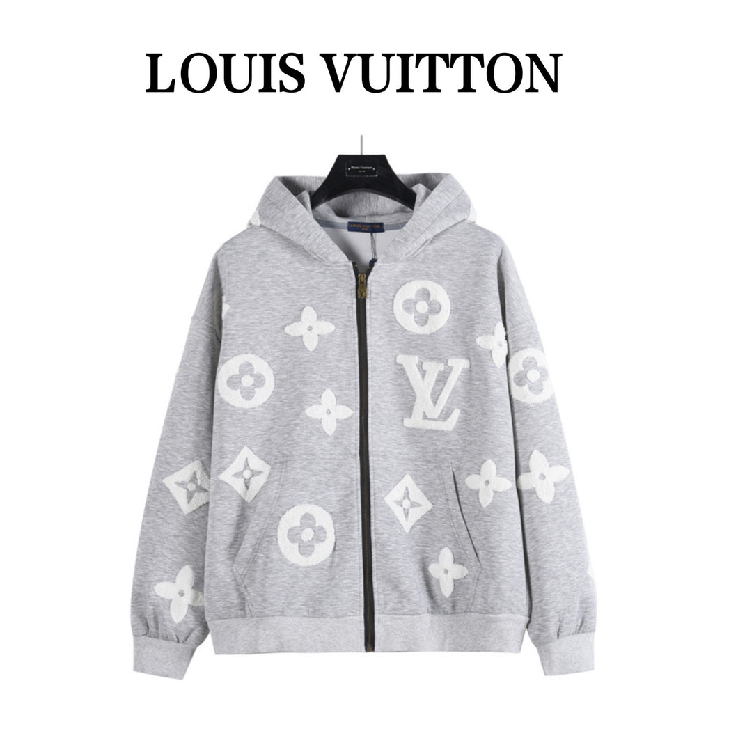 Louis Vuitton all-over custom lettering burnt flower towel embroidery zipper hooded jacket - مناسب للجنسين